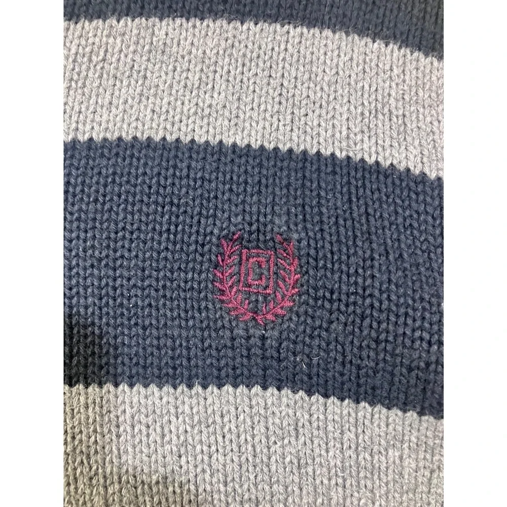 Chaps Mens Small Quarter‎ Zip Pullover Sweater Navy Blue Gray Striped Cotton
